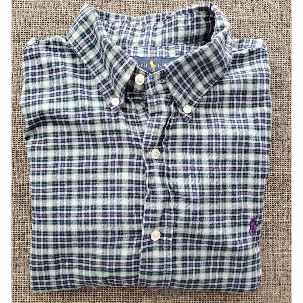 Ralph Lauren Men's Lightweight Purple Green‎ Plaid  Button Up Shirt Size Large
